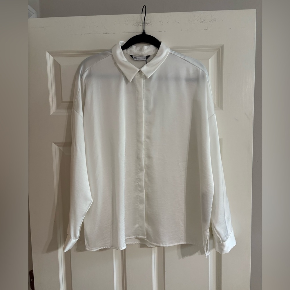 Zara White Satin-like Oversized Hidden-Placket Button-Up Blouse
